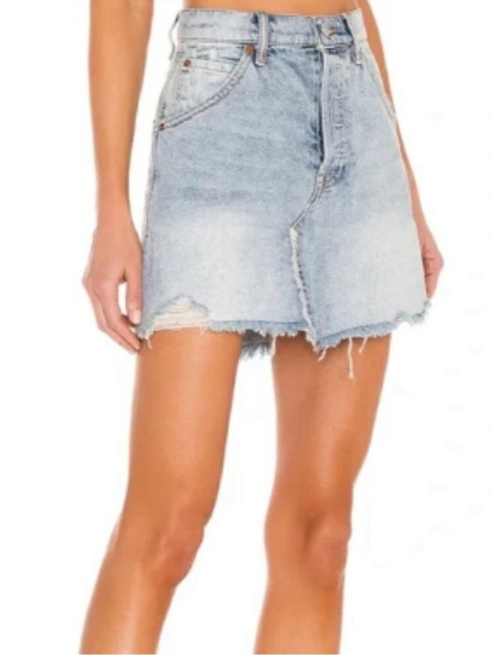 We The Free Light Wash Distressed Denim Mini Skirt